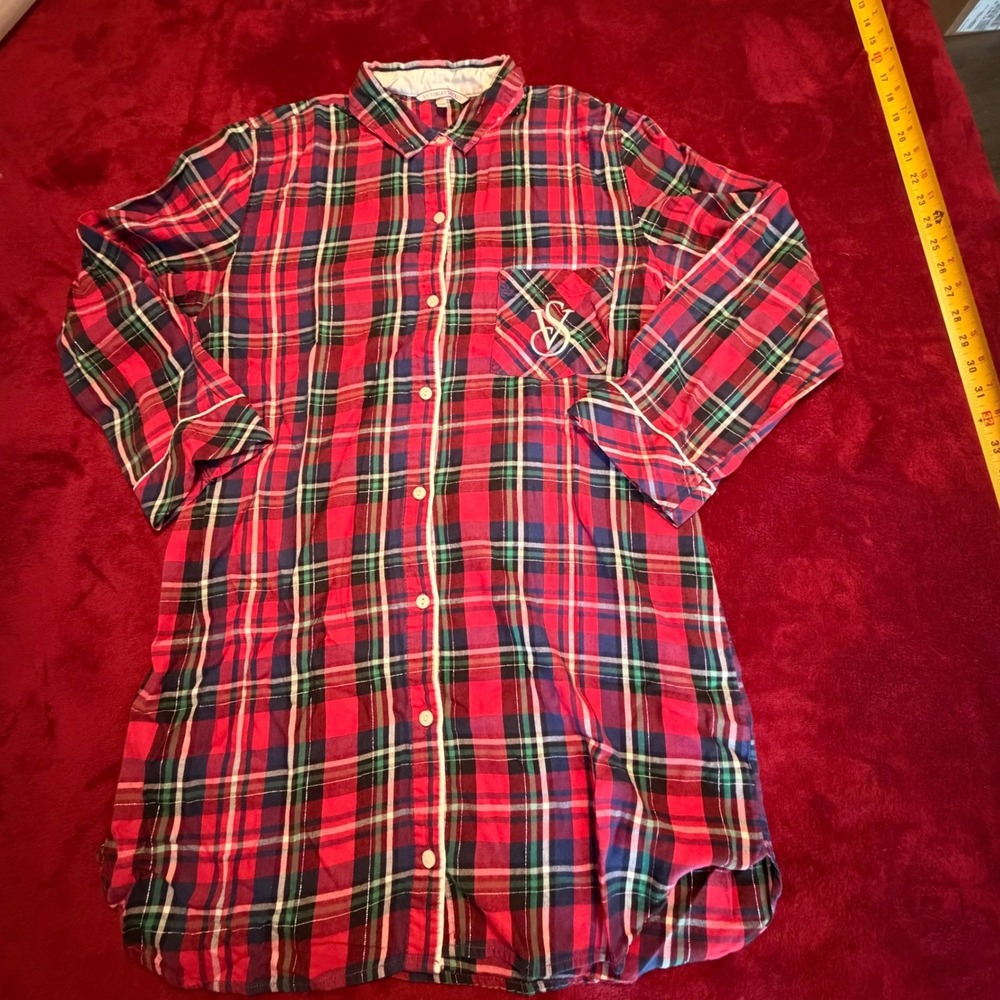 Victorias Secret Red Plaid Flannel Nightshirt Sleep Shirt Small 341203-526